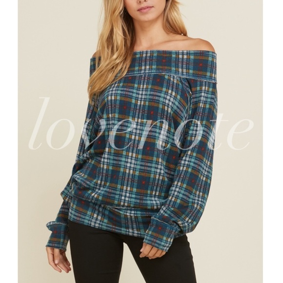 LAST 1 ❤️ Off the Shoulder Sweater Plaid Blouse - Picture 5 of 5
